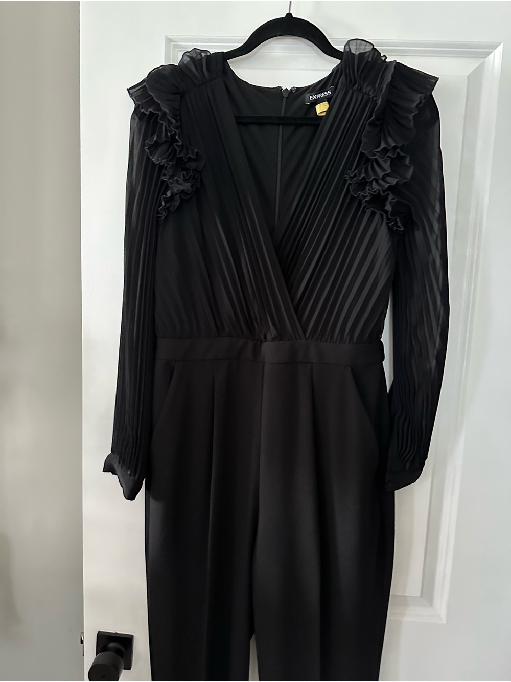 Express Black Pleated Long-Sleeve Ruffle Shoulder Jumpsuit